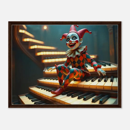 Framed clown sitting on piano keys from PixiOnyx Surreal Print The Puppet’s Prelude