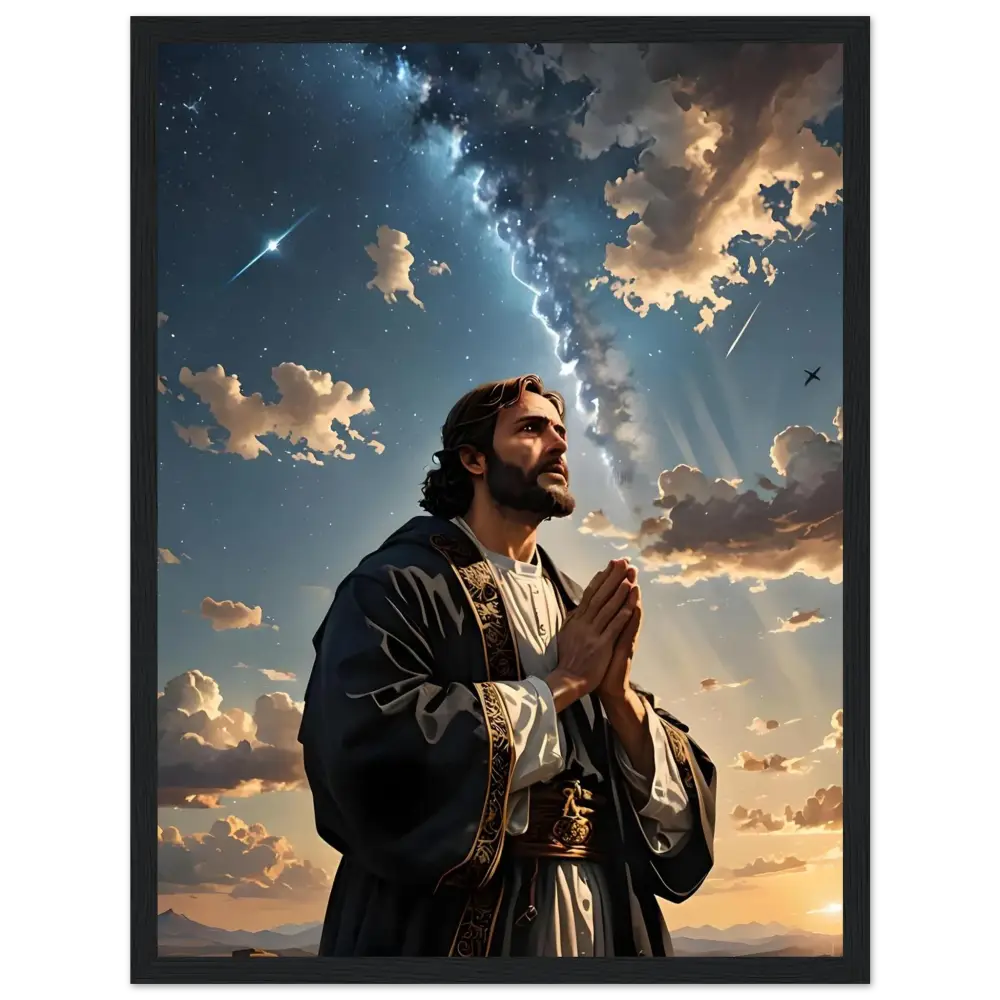 Man praying under a celestial sky displayed in PixiOnyx Framed Matte Poster