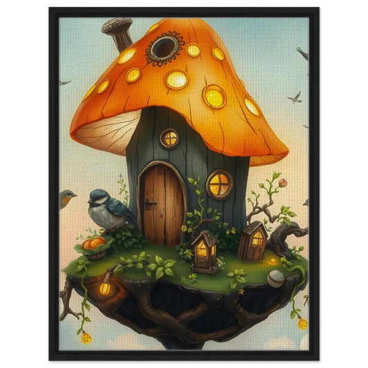 Whimsical mushroom house with glowing windows on PixiOnyx Floating Frame Art Canvas