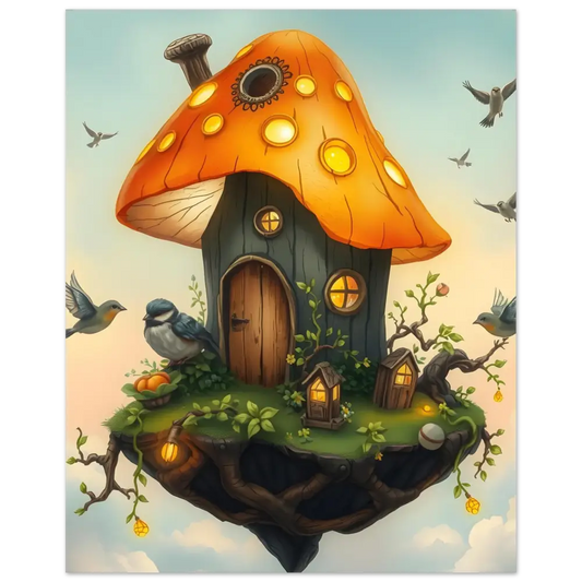 Whimsical mushroom house on a floating island framed art poster Lantern Loft PixiOnyx Fantasy