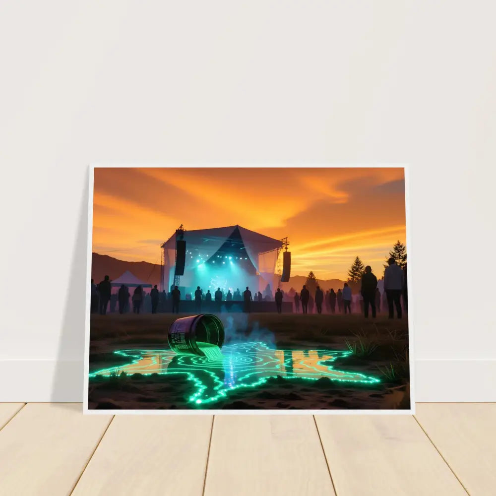 Framed Neon Spill Festival Art showcasing spilled neon liquid at Cosmic Sound Unleashed