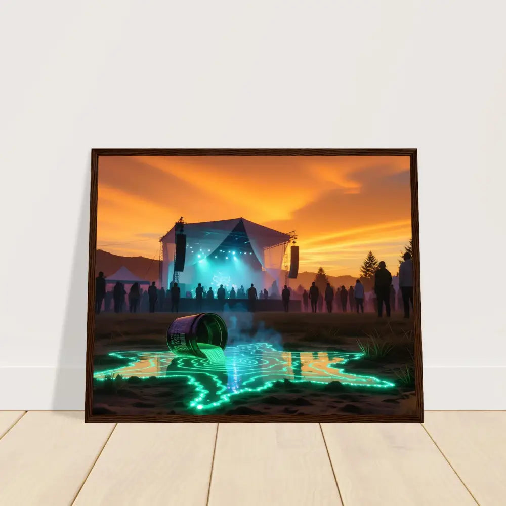 Framed Neon Spill Festival Art with spilled glowing liquid and cosmic sound theme