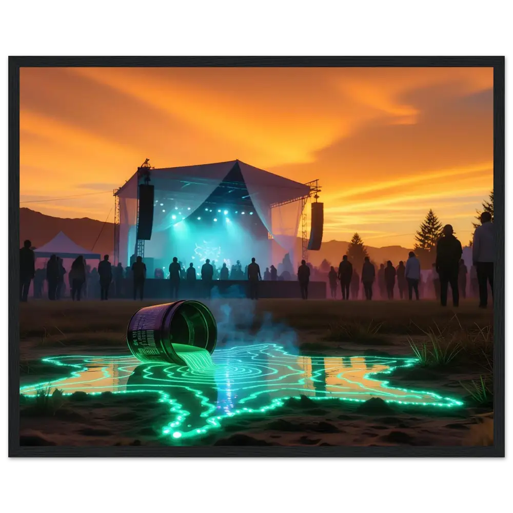 Spilled glowing liquid from container in Framed Neon Spill Festival Art Cosmic Sound Unleashed