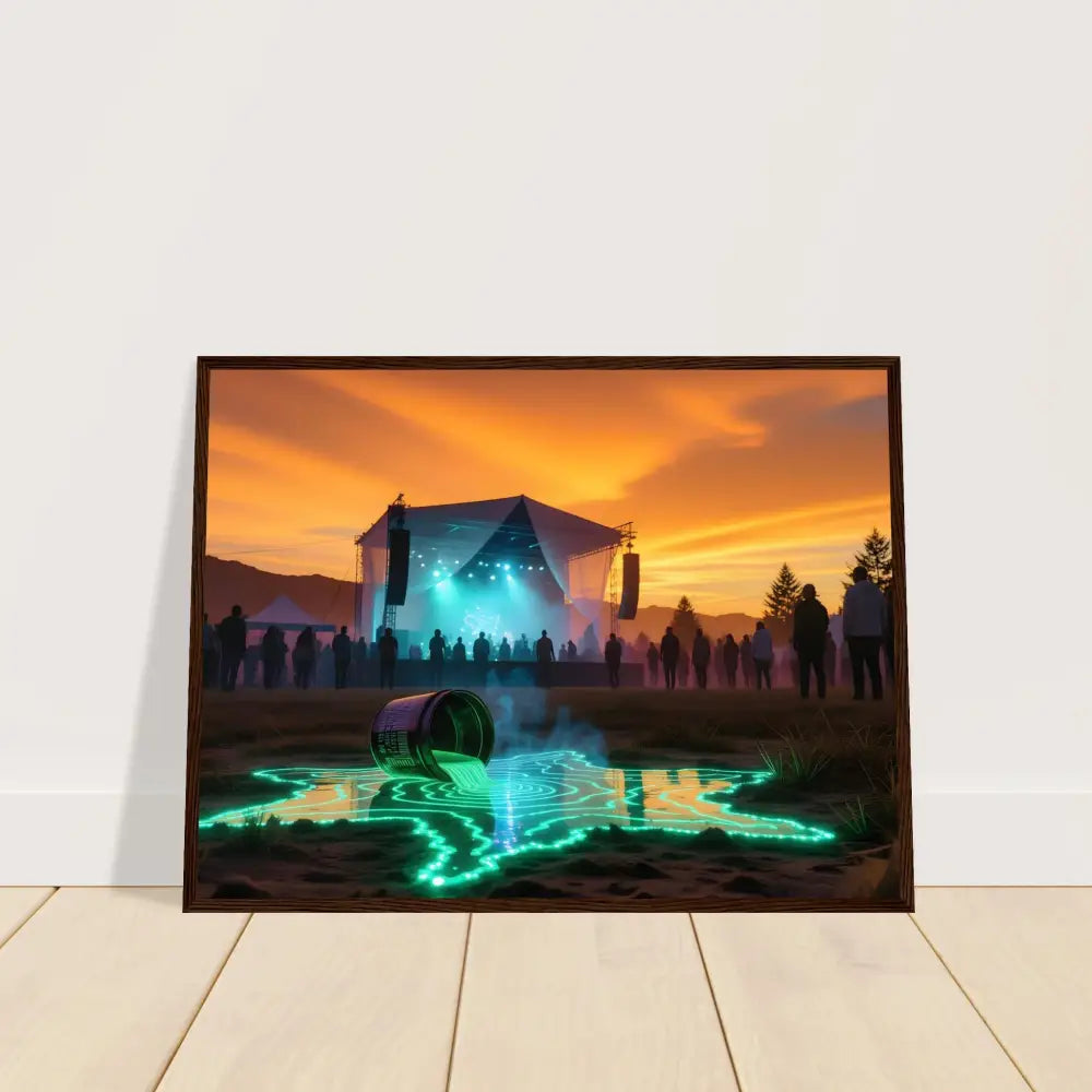 Framed Neon Spill Festival art decor featuring a cosmic music scene on PixiOnyx Matte Print