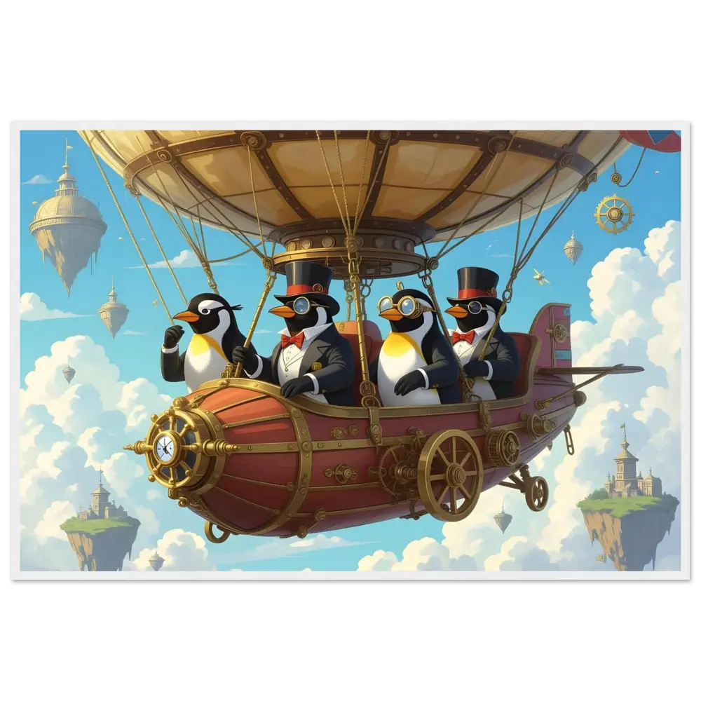 Steampunk Penguin Airship Adventure Print featuring Penguins and Zeppelins in a formal setting