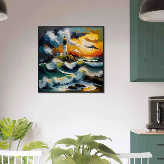 Colorful framed painting of a lighthouse on a stormy coast in PixiOnyx Coastal Wall display