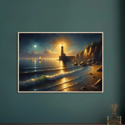 Framed lighthouse seascape painting displayed in PixiOnyx Painterly Seascape poster
