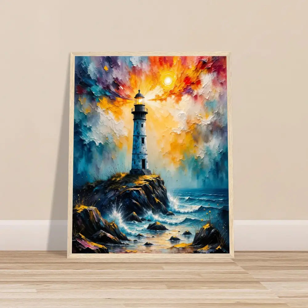 Impressionistic lighthouse sunset poster on museum-quality matte paper in premium semi-hardwood frame