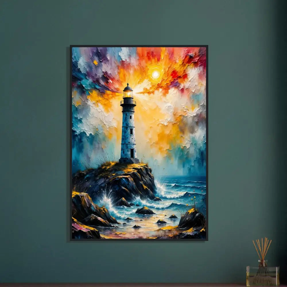 Vibrant impasto lighthouse coastal sunset poster on museum-quality matte paper with semi-hardwood frame