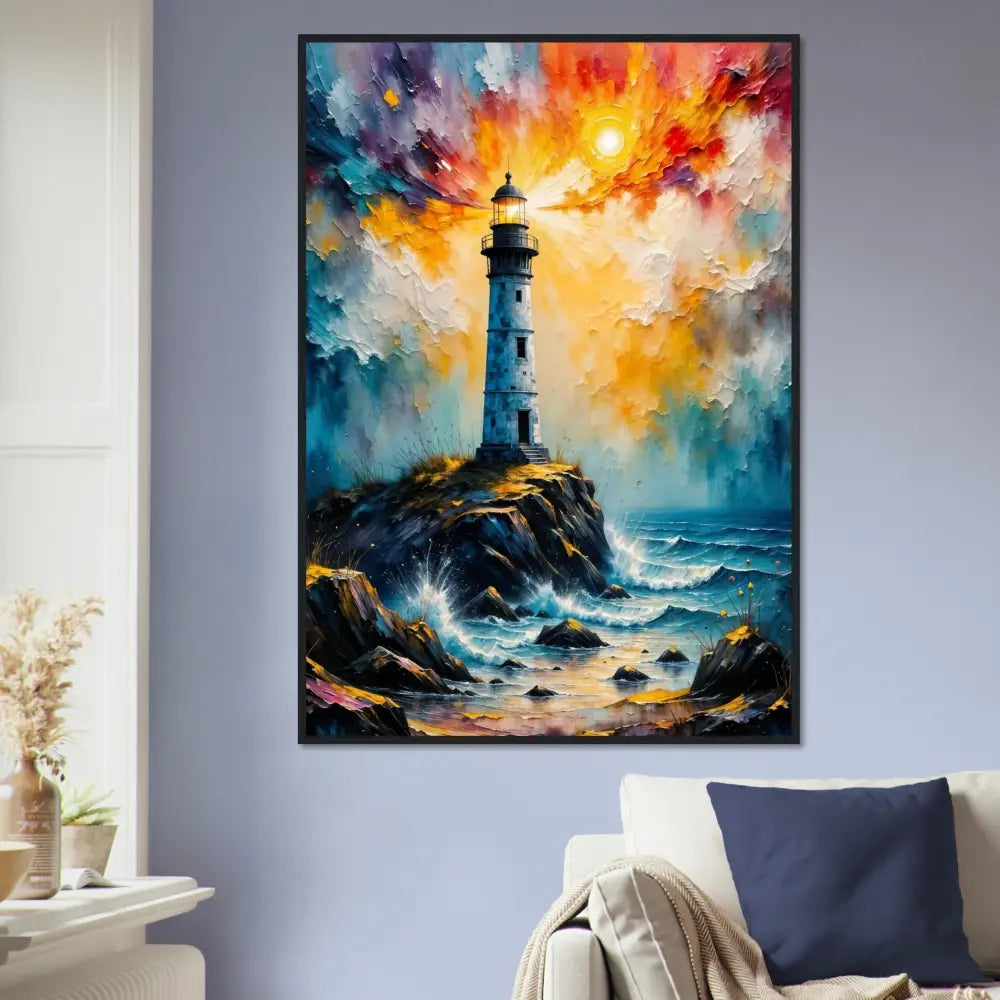 Impressionistic lighthouse painting on rocky coast, museum-quality matte paper, premium semi-hardwood frame