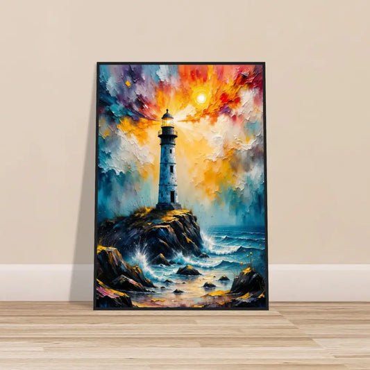 Impressionistic lighthouse painting on rocky coast with colorful sky, framed in semi-hardwood frame