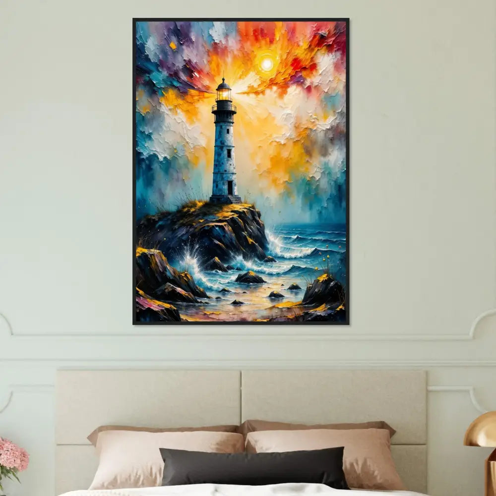Impressionistic lighthouse painting on museum-quality matte paper in a premium semi-hardwood frame