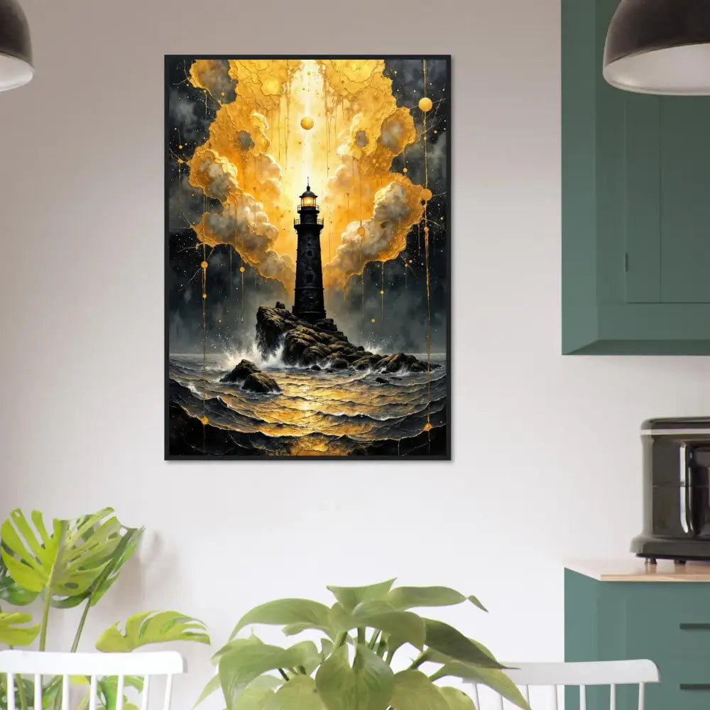 Framed poster Beacon of the Veil depicts celestial drama meets grounded solitude with lighthouse art