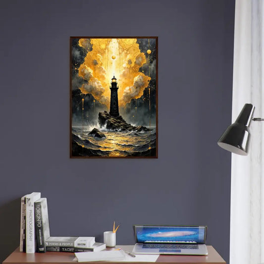 Framed poster of a lighthouse on rocky outcrop in stormy golden sea, celestial drama meets grounded solitude