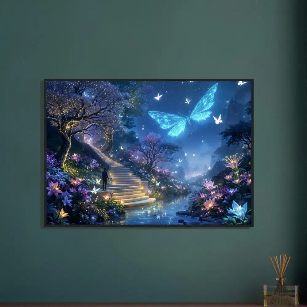 Framed fantasy landscape art poster titled Biolumina The Valley Beyond by PixiOnyx