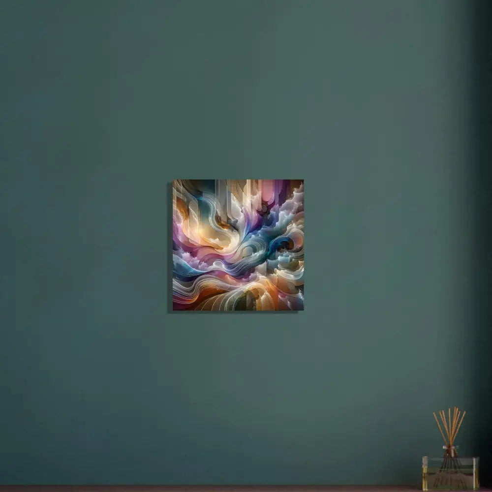 Abstract swirling colorful artwork on framed poster titled Celestial Layer Flux by PixiOnyx