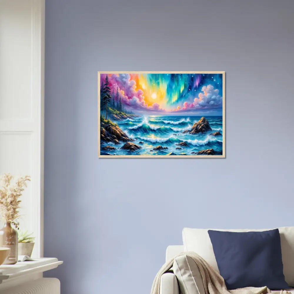 Framed poster celestial tide aurora seascape with vibrant aurora borealis over rocky ocean