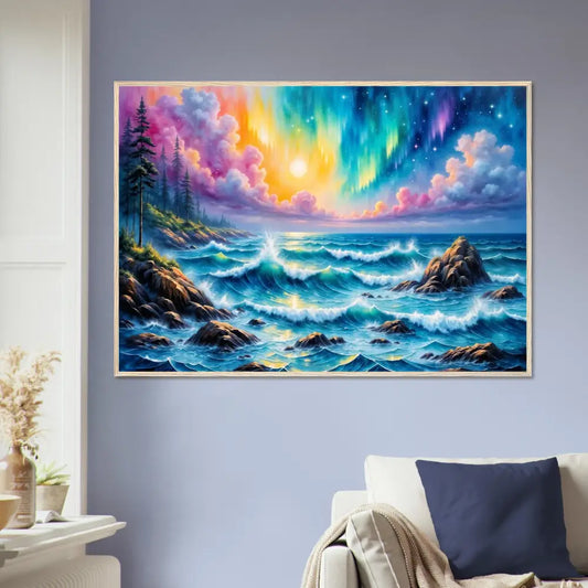 Framed poster of Celestial Tide ethereal clash coastal scene with vibrant sky and waves