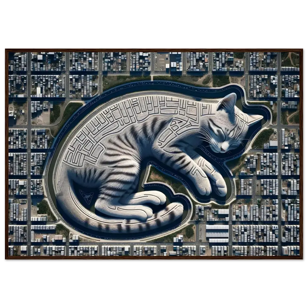Cat-shaped maze within a cityscape on PixiOnyx Dreamcore Framed Poster Citynap Overlook