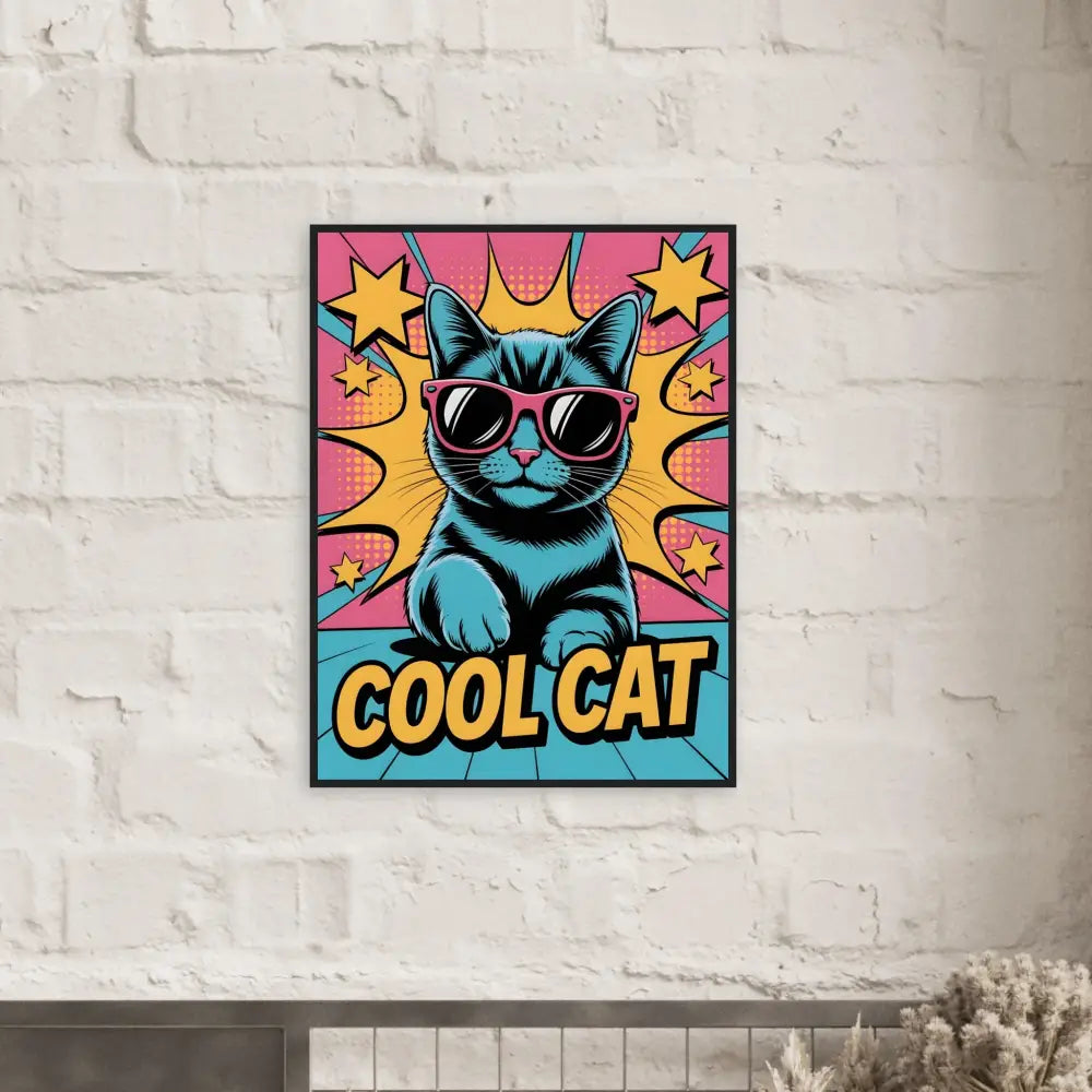 Framed Cool Cat pop art poster in a stylish PixiOnyx Feline Framed Poster display