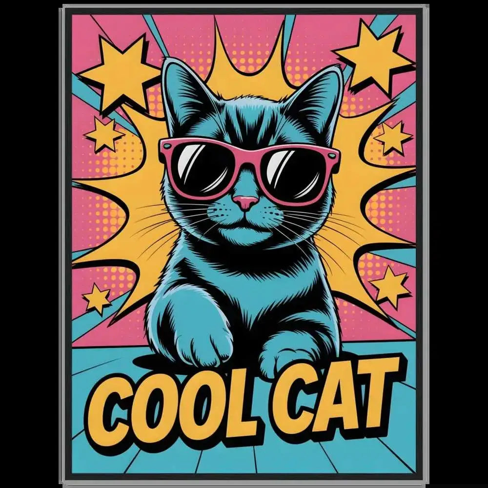 Pop art blue cat illustration on framed poster with pink sunglasses, durable matte paper