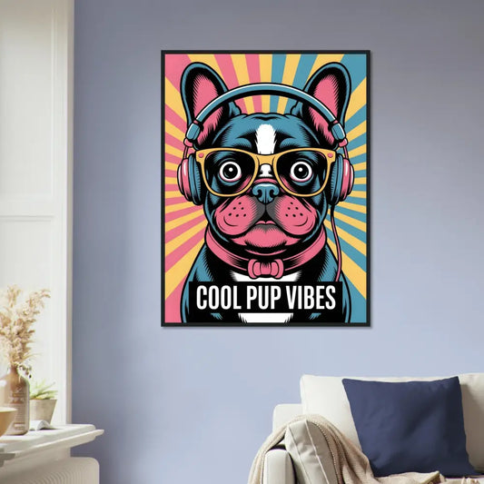 Framed colorful pop art French Bulldog on pine wood with durable matte art paper display