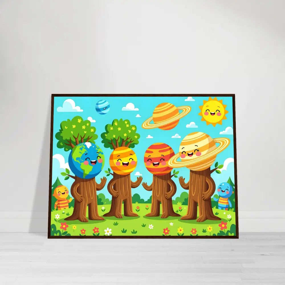 Framed cartoon planet artwork from PixiOnyx Stellar Kids Art Cosmic Tree Friends poster