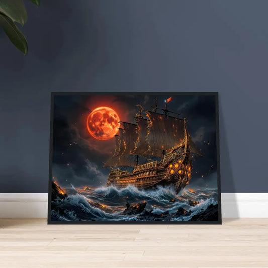 Framed poster of a pirate ship under blood-red moon capturing Crimson Reign gothic style