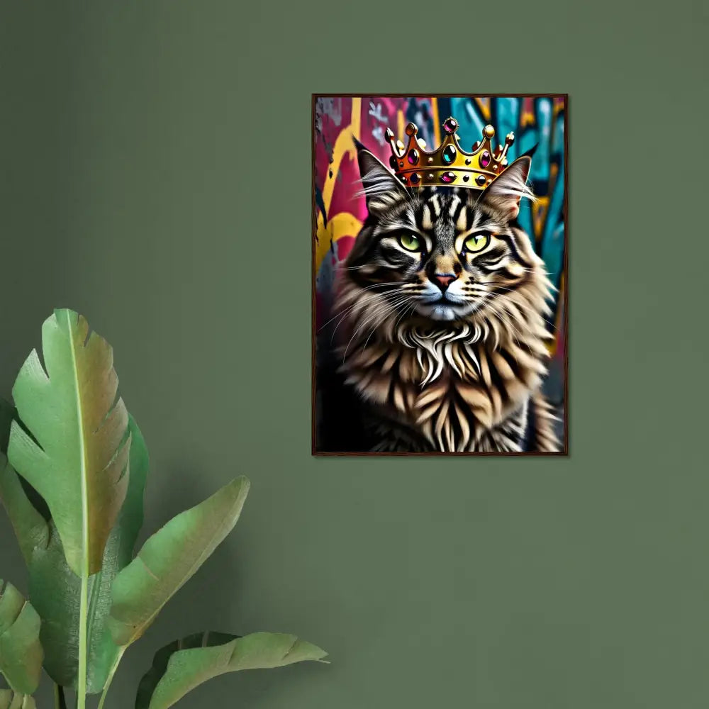 Framed cat king portrait poster for Crown Meowjesty urban royal cat decor