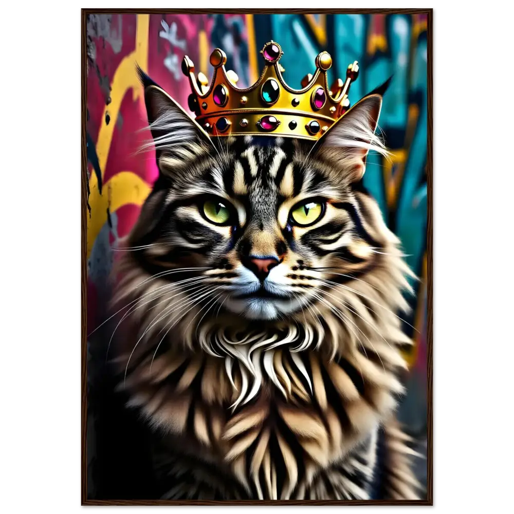 Regal cat portrait with crown in framed poster Crown Meowjesty PixiOnyx Urban Royal Cat Print