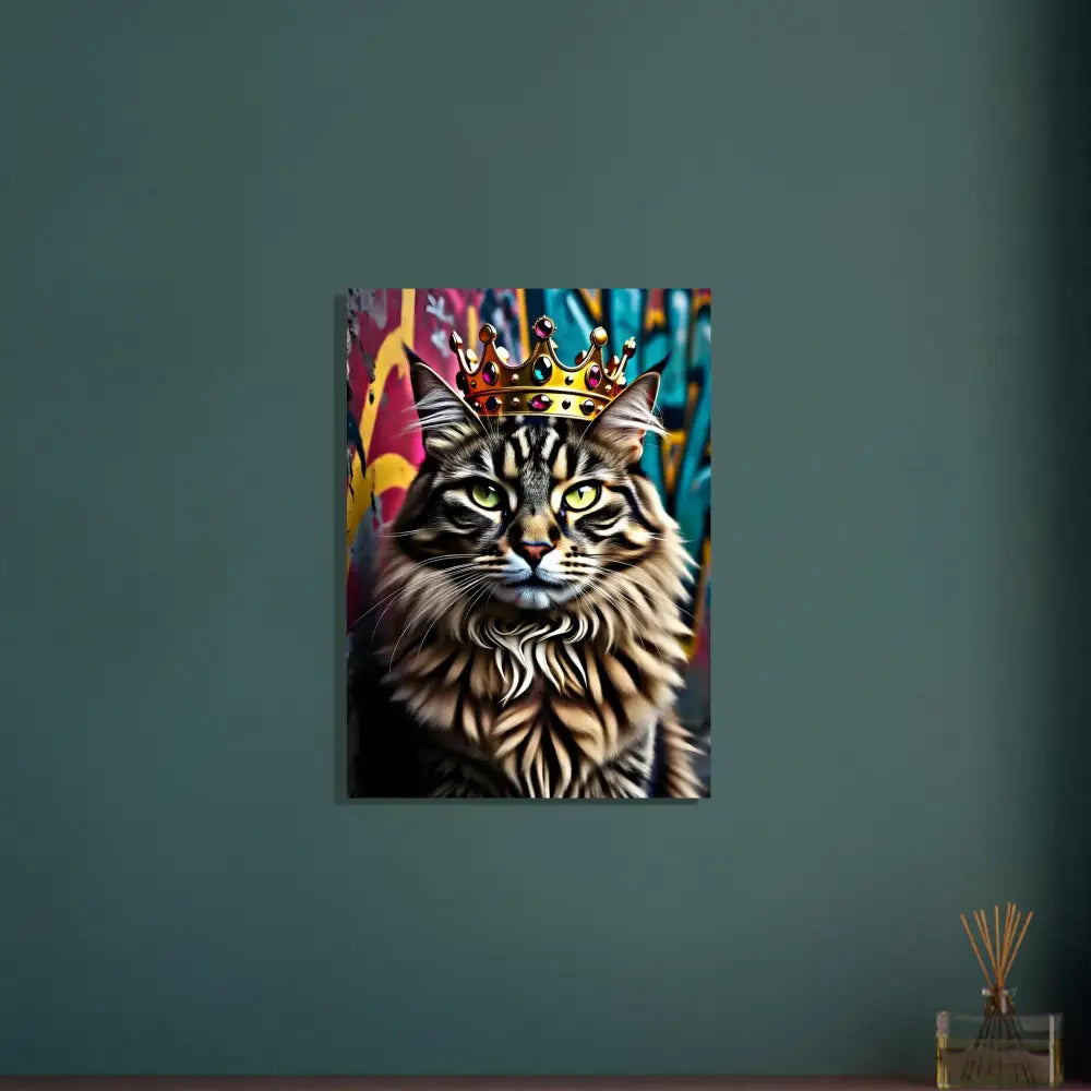 Framed poster of a regal cat wearing a crown titled Crown Meowjesty by PixiOnyx Urban Royal Cat Print