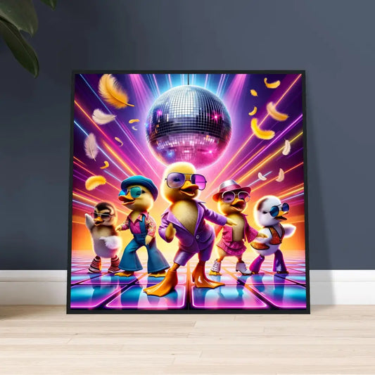 Framed Disco Ducklings artwork displayed in PixiOnyx Retro Absurdist Poster