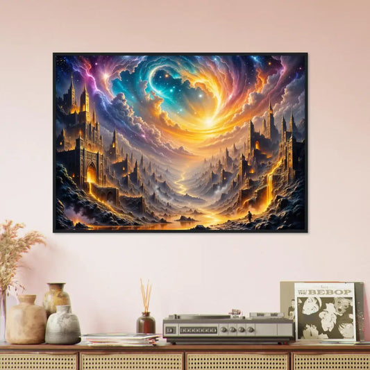 Framed canvas print of Eclipsed Citadel with vibrant celestial sky and handcrafted wood combines