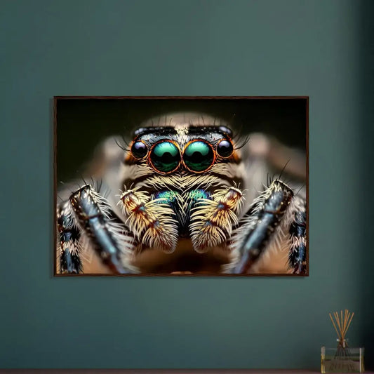 Framed spider close-up poster from PixiOnyx Nature Focus collection featuring Eight-Eyed Watcher