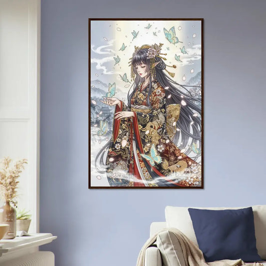 Framed canvas print of an ethereal kimono maiden with butterflies from PixiOnyx Tranquil Elegance Series