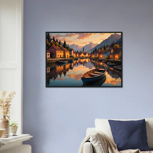Framed landscape painting titled Evening Glow on the Water in PixiOnyx European Twilight Frame