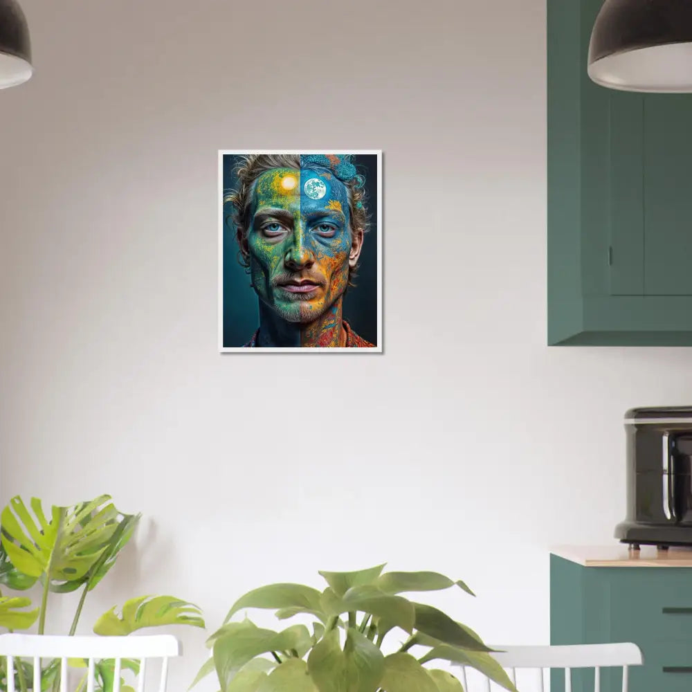 Framed portrait of a man with painted face on surreal self-portrait wall art poster