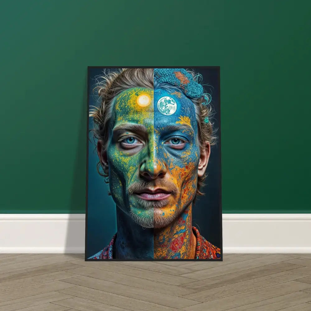Framed portrait of a man with sun and moon face paint surreal self-portrait wall art