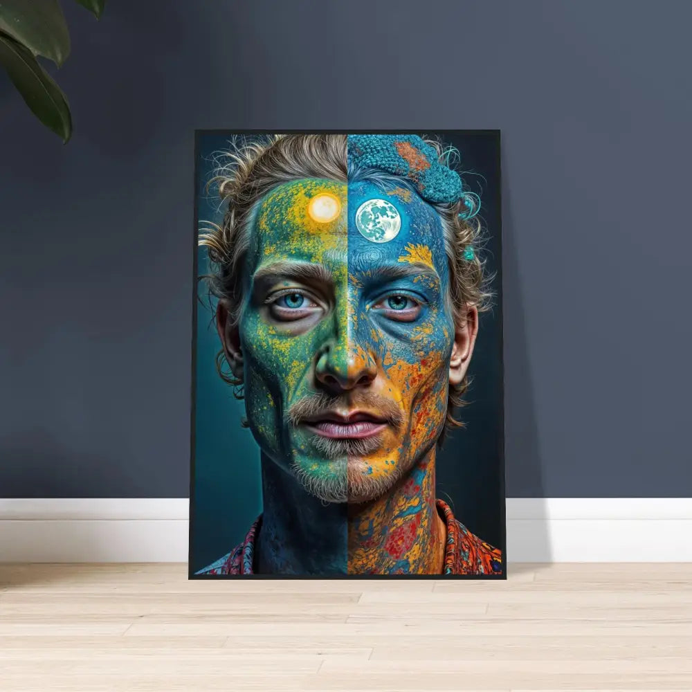 Artistic portrait with sun and moon face paint for Surreal Self-Portrait Wall Art
