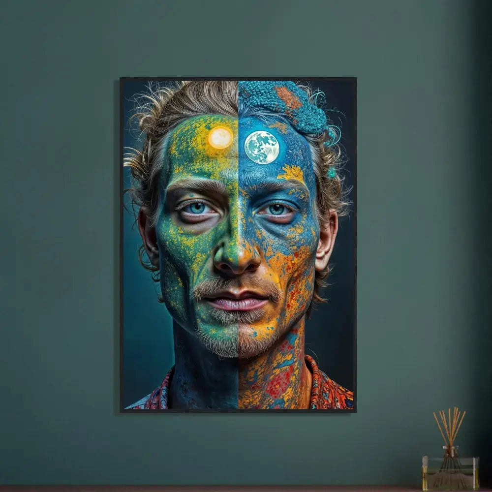 Day and night face painting surreal self-portrait wall art framed poster