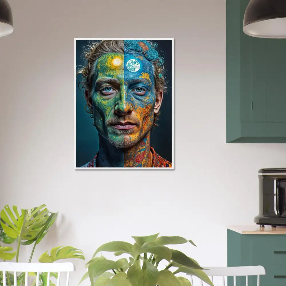Framed portrait of a man with Sun and Moon face paint surfacing surreal self-portrait art