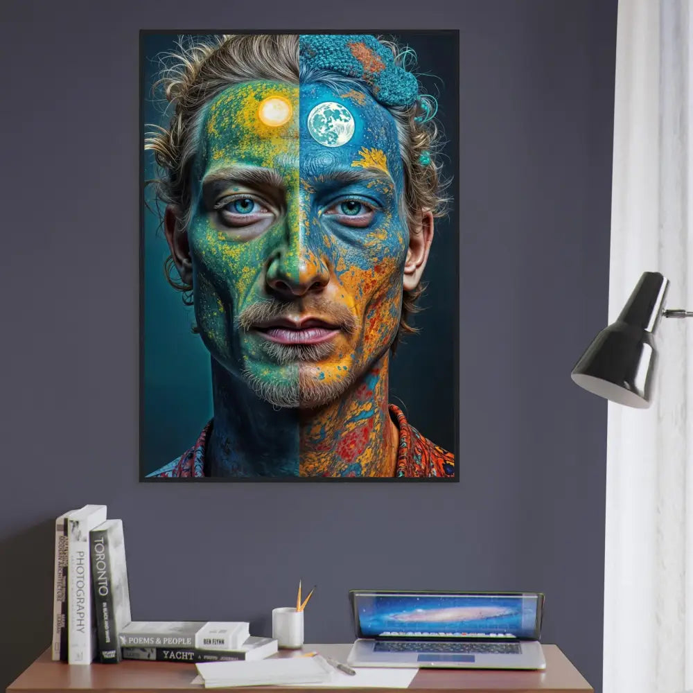 Colorful surreal portrait of a man with Sun and Moon imagery for Wall Art