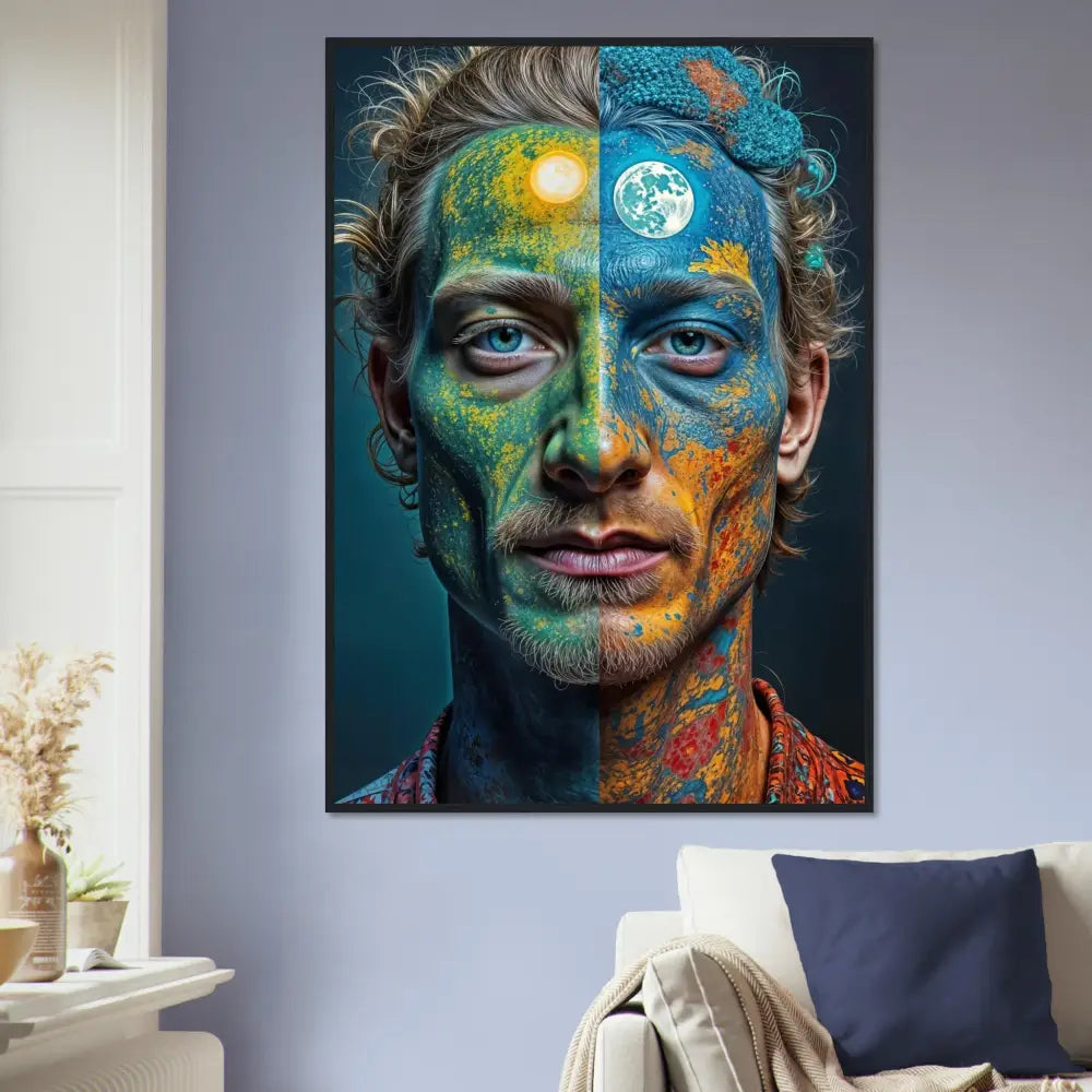 Surreal portrait with sun and moon face paint on framed poster Wall Art
