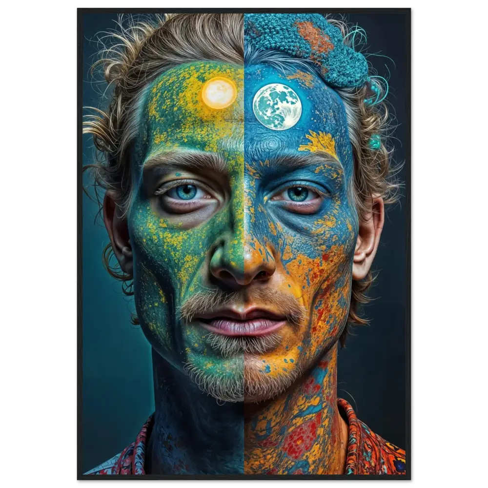 Day and night face portrait framed poster surreal self-portrait wall art