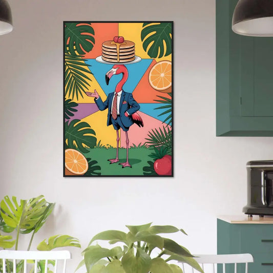 Framed poster of a flamingo waiter with pancakes in a PixiOnyx Tropical style