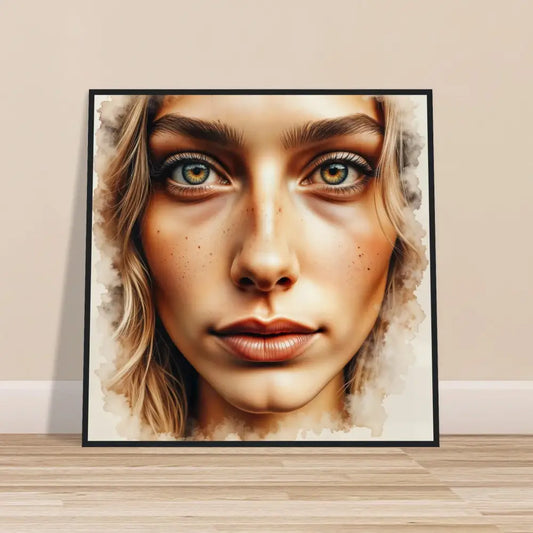 Framed watercolor portrait of woman’s face on archival-grade matte paper in semi-hardwood frame
