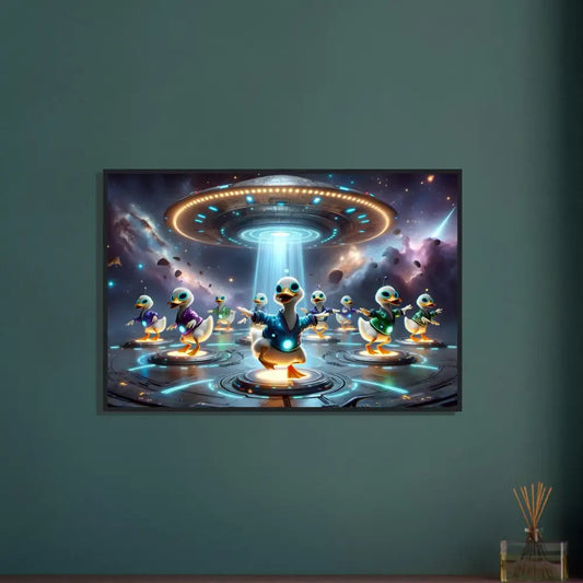 Framed alien duck abduction art poster from PixiOnyx Feathercore Galactic Dance Crew series