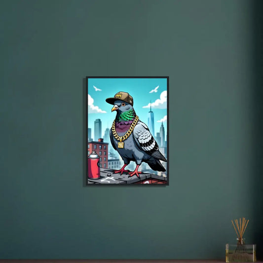 Framed pigeon art poster titled Gangster Pigeon Skyline from PixiOnyx Streetwise Satire