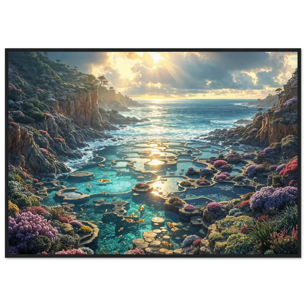 Coastal tide pools landscape displayed on Framed Poster Garden of the Tides PixiOnyx Coastal Reverie Edition
