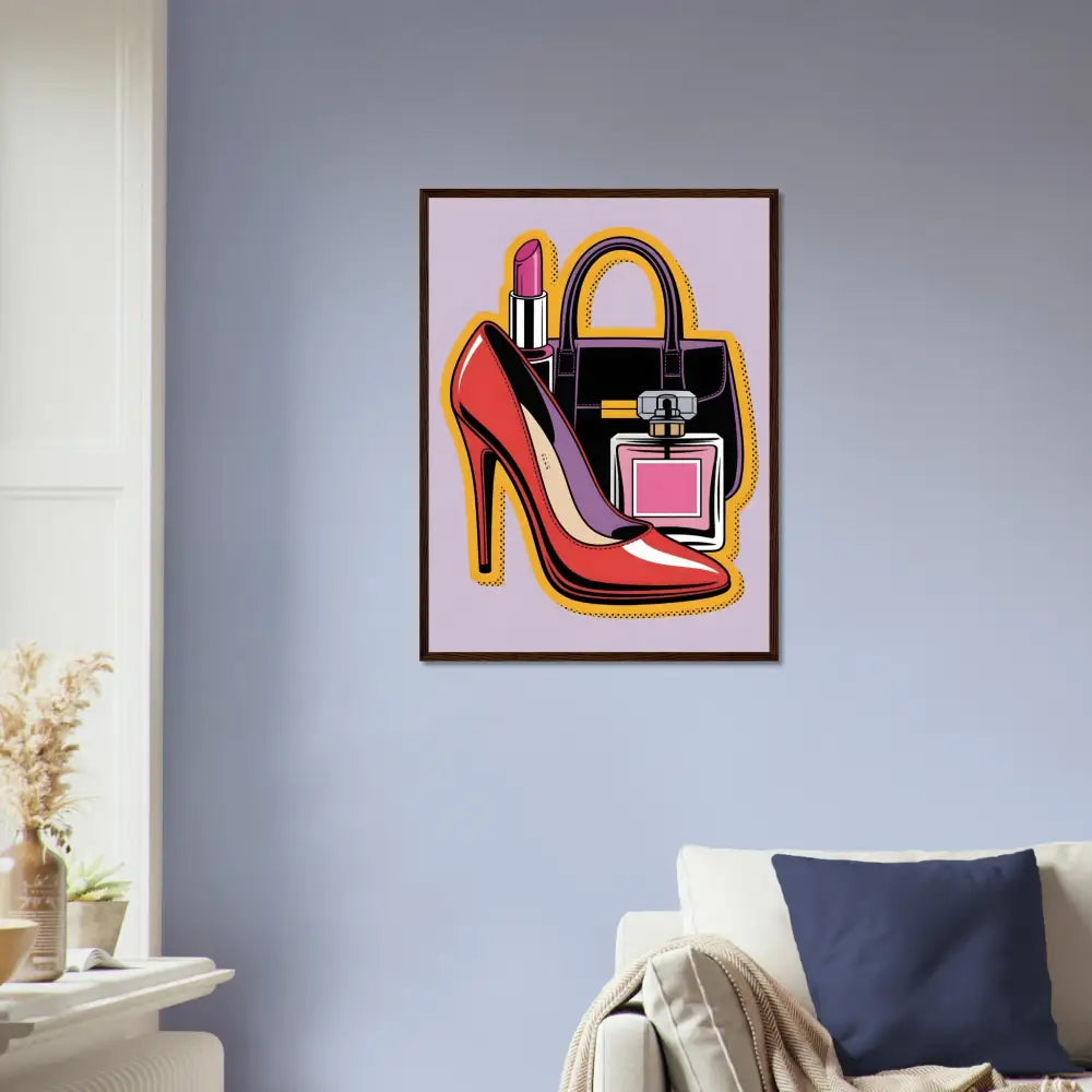 Framed Glam Slam poster with red high heel, black handbag, lipstick, and perfume bottle